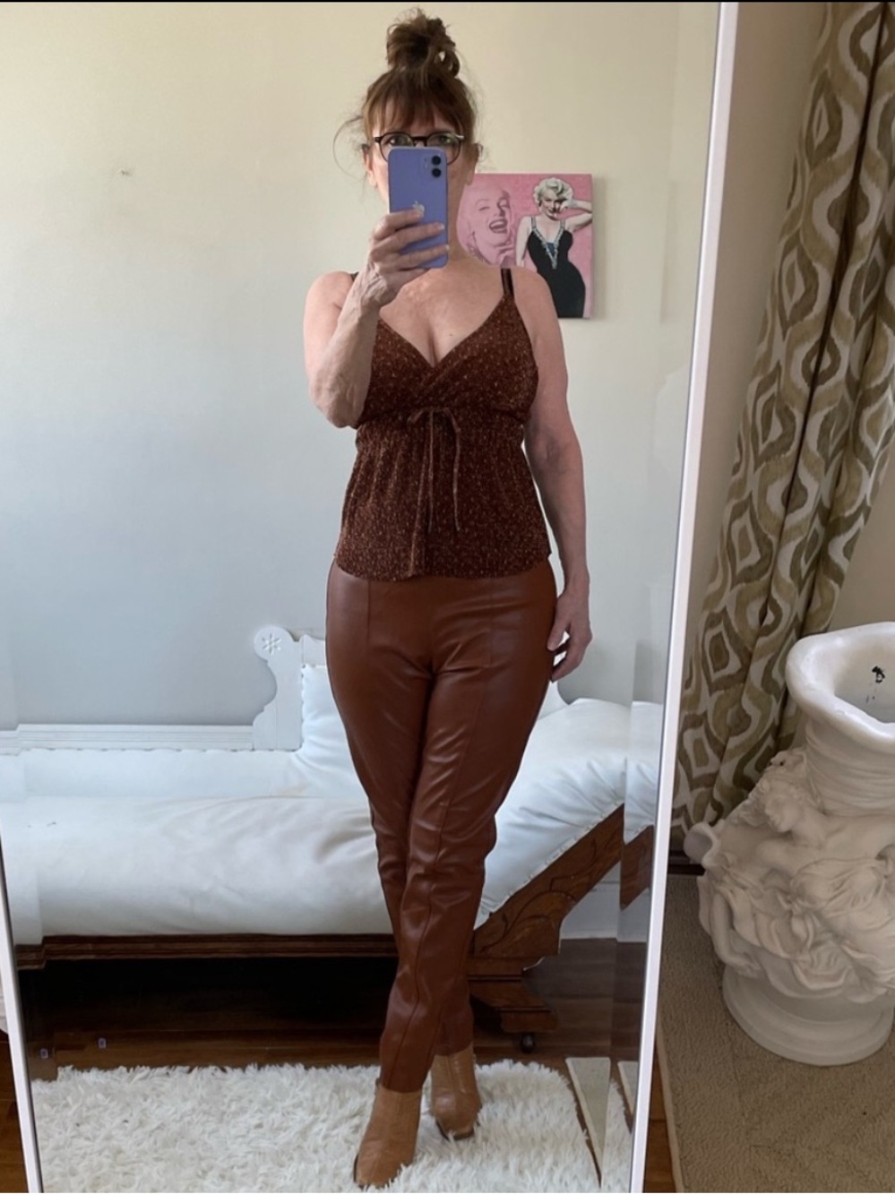 NWT COGNAC BROWN FAUX LEATHER PANTS SKINNY LEG STRETCH WAIST SEAMS RAW HEM
